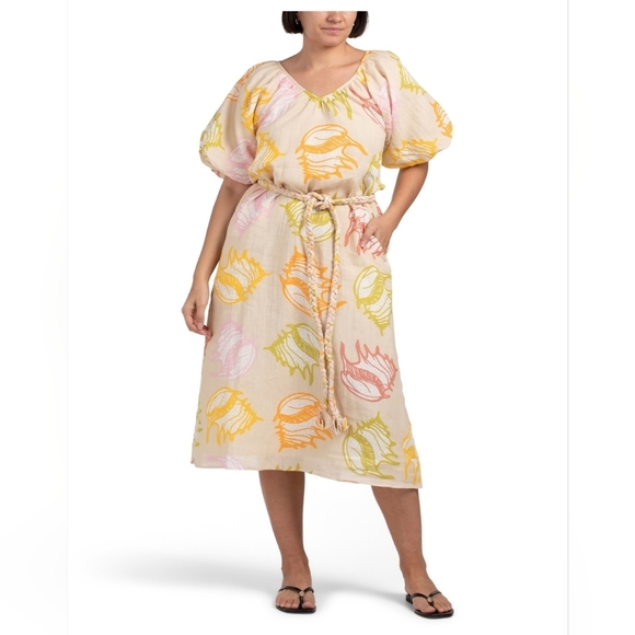 🔹️Elizabeth James The Label🔹️ Linen Puff Sleeve Shell Print Dress With belt - Picture 2 of 3